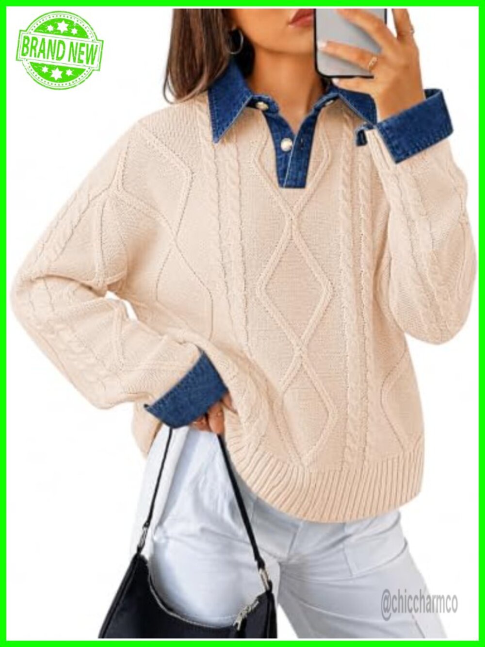 Womens Cable Knit Sweater Button Down Polo Collar Pullover Loose Fit V-Neck